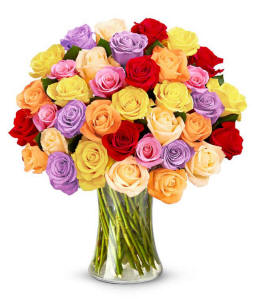 Bouquet of 36 rainbow roses in mixed colors arranged in a clear glass vase