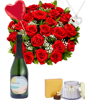 Two dozen red roses bundle with chocolates, teddy bear, heart balloon, sparkling wine and candle