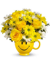 Yellow roses and daisies in a smiley face mug - cheerful flower delivery in Ahwatukee AZ