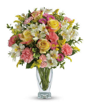Meant To Be Bouquet with roses and lilies in a glass vase
