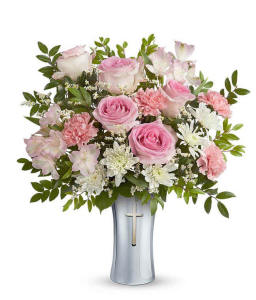 Pink and white sympathy arrangement in a keepsake cross vase