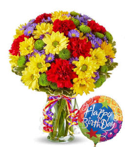 Festive Floral Bouquet with birthday balloon available for Georgia delivery.