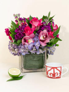 Berry Pie - pink roses with blue hydrangeas and orchids