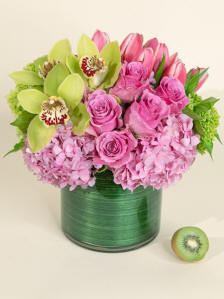 Blushing Blooms - soft pink hydrangeas with orchids and roses