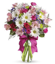 Pink spray roses and white daisies in a clear vase - cheerful same-day flowers Ahwatukee AZ