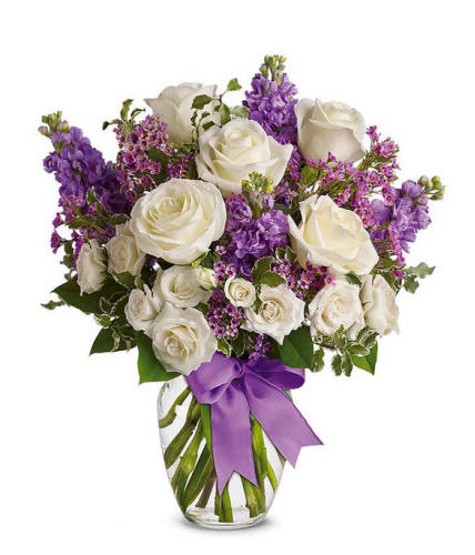 Enchanted Cottage 49.99 White Roses and Purple Flowers