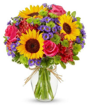 Meadow-style bouquet featuring sunflowers and mixed blooms