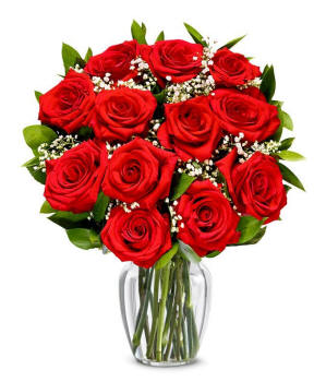 One dozen red roses in a clear glass vase