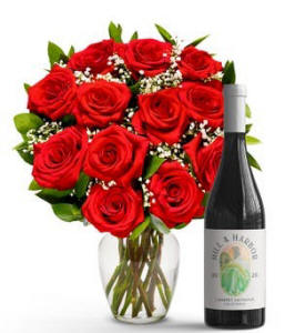 One Dozen Red Roses With Red Wine