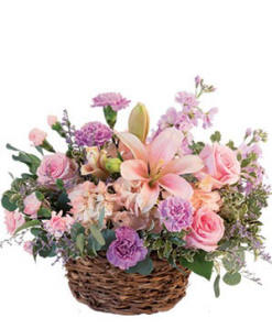 Pretty In Pink - pink roses and mixed flowers in a basket