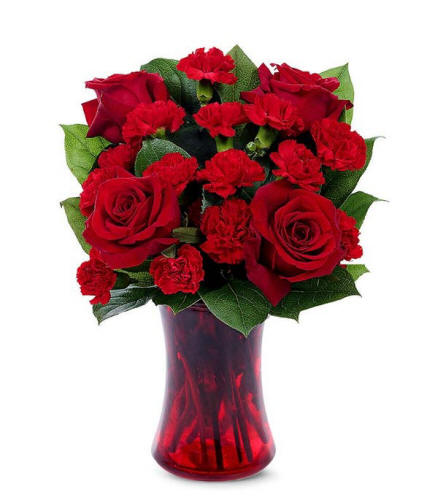 Red Rapture Flowers - Roses and Carnations In A Red Vase
