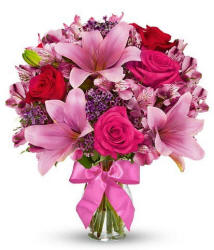 Pink lilies and roses with greenery in a glass vase - same-day flowers Ahwatukee Phoenix AZ