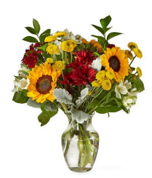 Sunny countryside sunflower bouquet with mixed seasonal accents
