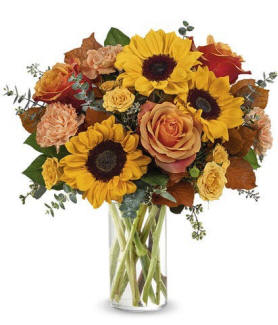 Thanksgiving Sunflower Bouquet with bright yellow blooms and rustic fall accents