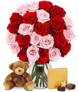Two Dozen Pink & White Roses With Chocolate & Teddy Bear $79.99